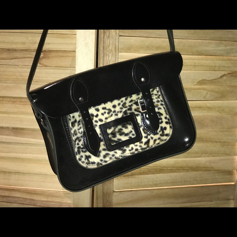 Black Patent Leather and Animal Print Satchel
